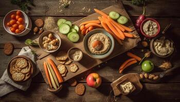 rustique végétarien repas sur en bois table avec Frais biologique Ingrédients généré par ai photo