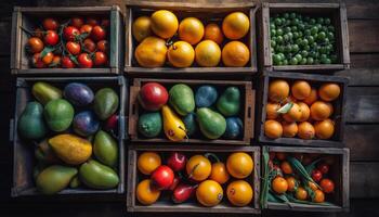 vibrant collection de biologique des fruits et des légumes sur rustique table généré par ai photo