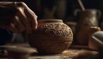 Fait main poterie souvenir, indigène culture conception, en portant vieux façonné fleur pot généré par ai photo