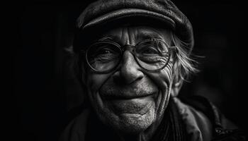 souriant Sénior homme avec blanc cheveux dégage confiance et joie généré par ai photo