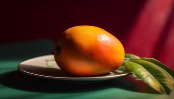 juteux agrumes fruit et mûr baie dessert sur vert assiette généré par ai photo