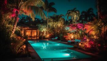 tropical paume des arbres éclairer luxe recours tranquille au bord de la piscine à crépuscule généré par ai photo