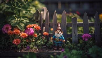 de bonne humeur Hommes décorer formel jardin avec multi coloré fleurs en plein air généré par ai photo