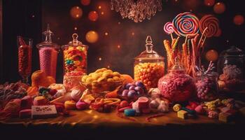 une de fête table avec fait maison cuit des biens et sucré bonbons généré par ai photo