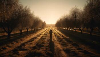 silhouette de une homme en marchant sur une rural sentier à crépuscule généré par ai photo