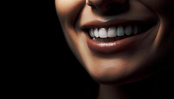 souriant Jeune femme avec une à pleines dents sourire, rayonnant bonheur et sensualité généré par ai photo