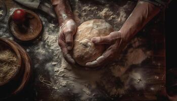 Fait main pain préparation sur rustique en bois table avec fait maison pâte généré par ai photo