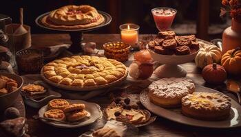 fait maison citrouille tarte sur une rustique bois table avec décorations généré par ai photo