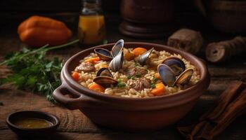 gourmet Fruit de mer soupe avec moules, crevettes, et crustacés dans vaisselle génératif ai photo