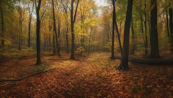 tranquille l'automne forêt, vibrant couleurs, mystère dans le région sauvage génératif ai photo