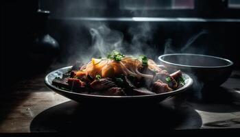 grillé porc et légume plaque, en bonne santé en mangeant avec Frais Ingrédients génératif ai photo