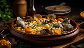 Frais Fruit de mer repas avec moules, crevettes, et escalopes sur bois génératif ai photo