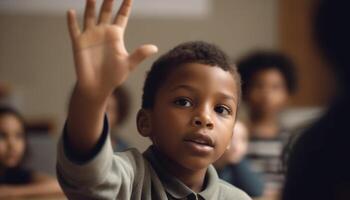 souriant école les enfants en train d'étudier ensemble dans une de bonne humeur salle de cours génératif ai photo