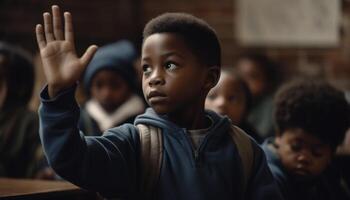 souriant africain américain école les enfants en train d'étudier à l'intérieur, entouré par relation amicale et unité génératif ai photo