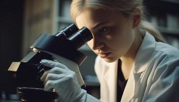 caucasien scientifique en cours d'analyse médical échantillon avec microscope dans laboratoire génératif ai photo