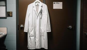 Jeune adulte soins de santé ouvrier dans laboratoire manteau permanent dans Bureau génératif ai photo