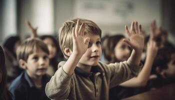 souriant école les enfants apprentissage dans salle de cours avec de bonne humeur prof génératif ai photo