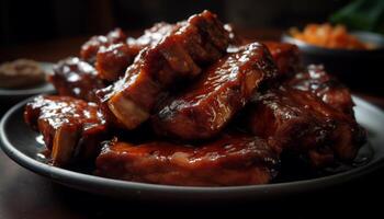 grillé porc steak avec sarriette barbecue sauce sur rustique assiette génératif ai photo