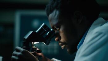 scientifique examiner biochimie avec microscope, sélectif concentrer et grossissement génératif ai photo