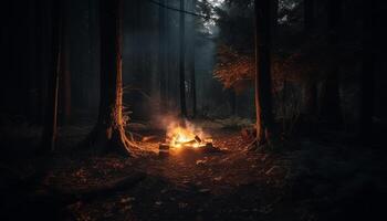 brûlant forêt, effrayant nuit, embrasé enfer, l'automne mystère, tranquille charbon génératif ai photo