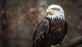 majestueux chauve Aigle se percher sur bifurquer, serres dans concentrer génératif ai photo