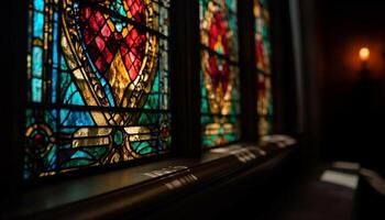 coloré verre fenêtre illumine vieux gothique chapelle, mettant en valeur christianisme histoire génératif ai photo