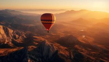 en volant haute dans chaud air ballon, explorant majestueux Montagne intervalle génératif ai photo