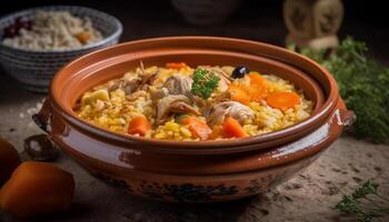 en bonne santé végétarien repas cuit avec Frais des légumes et fait maison épices génératif ai photo