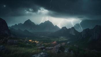 majestueux Montagne de pointe dans effrayant nuit ciel avec orage danger génératif ai photo