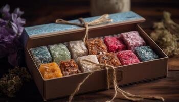 sucré nourriture collection dans rustique en bois boîte, une gourmet indulgence généré par ai photo