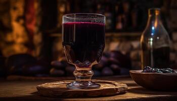 en bois table détient rustique whisky verre rempli avec Frais liquide généré par ai photo