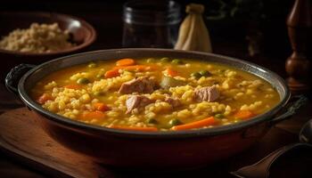 en bonne santé végétarien repas fait maison soupe avec Frais carotte et oignon généré par ai photo