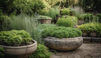 Frais vert croissance dans formel jardin, mis en pot plante décoration généré par ai photo