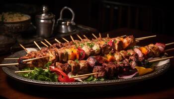 grillé embroché Viande et légumes, une gourmet été apéritif assiette généré par ai photo