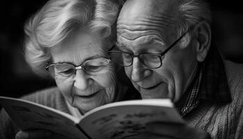 Sénior couple en train de lire Bible en plein air, souriant dans l'amour et unité généré par ai photo