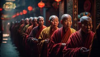 les moines dans rangée prier à célèbre illuminé Pékin pagode généré par ai photo