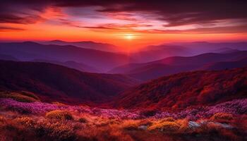 majestueux Montagne intervalle à crépuscule, violet ciel, tranquille scène généré par ai photo