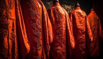 soie robe pendaison dans ligne, mettant en valeur est asiatique élégance généré par ai photo