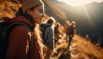 Jeune adultes randonnée dans le forêt, profiter la nature et unité généré par ai photo