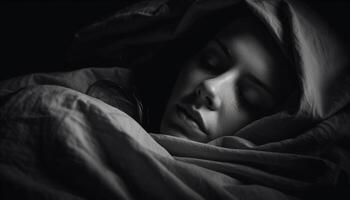 Jeune femme repos pacifiquement sur confortable lit, yeux fermé généré par ai photo
