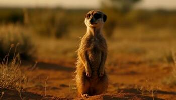 suricate permanent alerte, en train de regarder coucher de soleil, mettant en valeur bien posture généré par ai photo