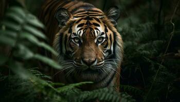 majestueux Bengale tigre regarder avec agression dans région sauvage zone généré par ai photo