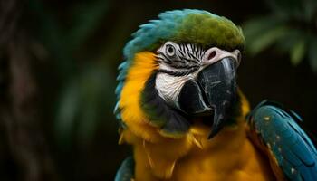 vibrant ara se percher sur bifurquer, beauté dans tropical forêt tropicale généré par ai photo