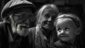 souriant multi génération famille embrassement en plein air dans noir et blanc portrait généré par ai photo