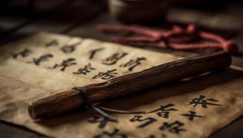 ancien calligraphie sur parchemin, une testament à chinois culture généré par ai photo