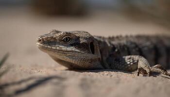 en danger iguane rampe sur sable, ses bleu œil à la recherche en dehors généré par ai photo