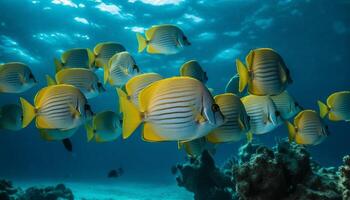 école de multi coloré poisson nager dans magnifique sous-marin récif paysage généré par ai photo