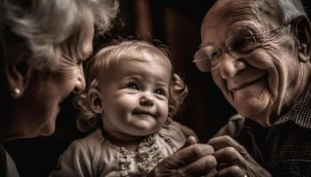 multi génération famille embrassement en plein air, souriant avec l'amour et bonheur généré par ai photo