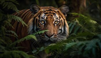 majestueux Bengale tigre en regardant, cache dans foncé région sauvage zone généré par ai photo