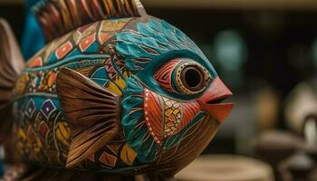 vibrant couleurs orner ancien poisson statue, symbole de indigène culture généré par ai photo